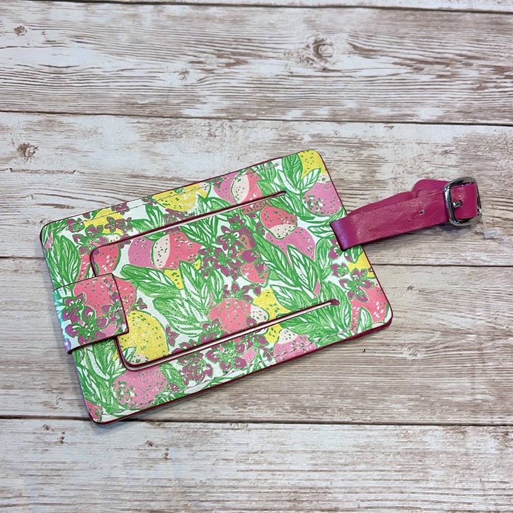 COPY - Lilly Pulitzer Luggage Tag Lemons Strawberryrries Purple Flowers Greenery
